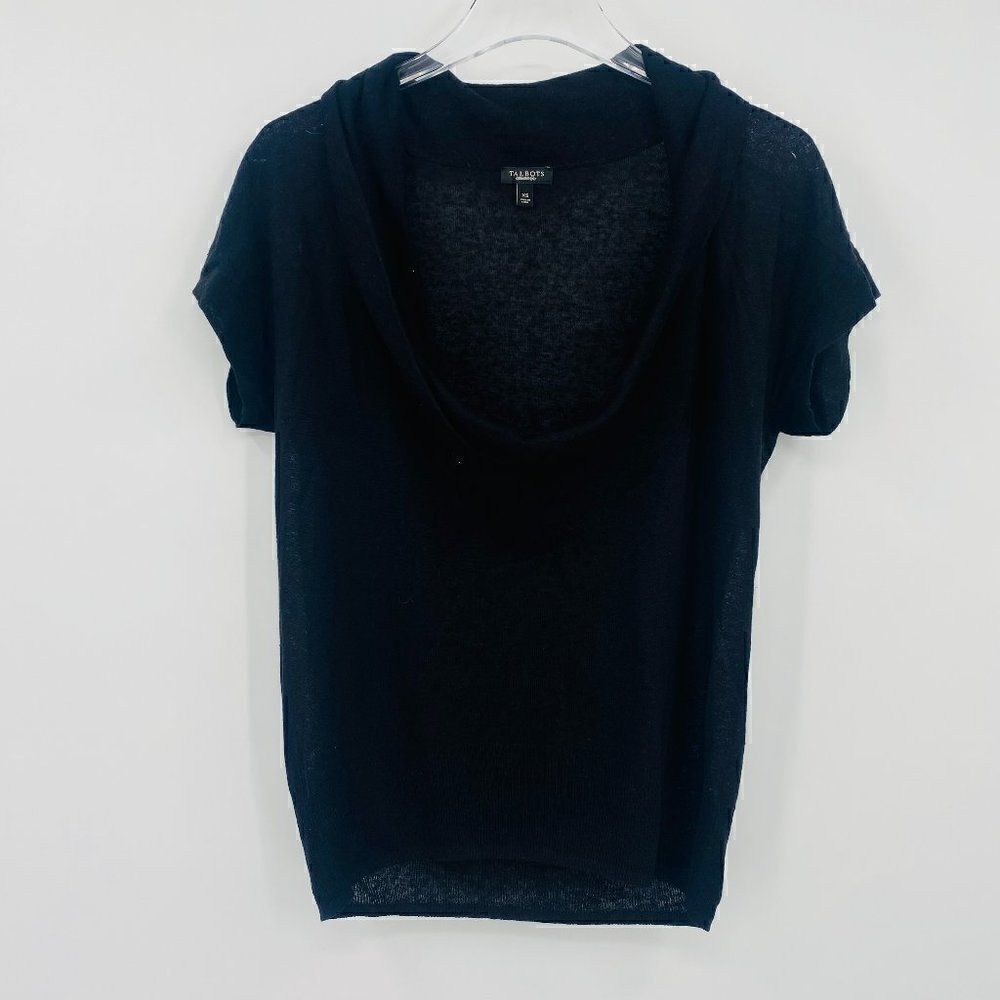 Talbots Size XS Black Short Sleeve Linen Blend Drapey Neck Knit Top